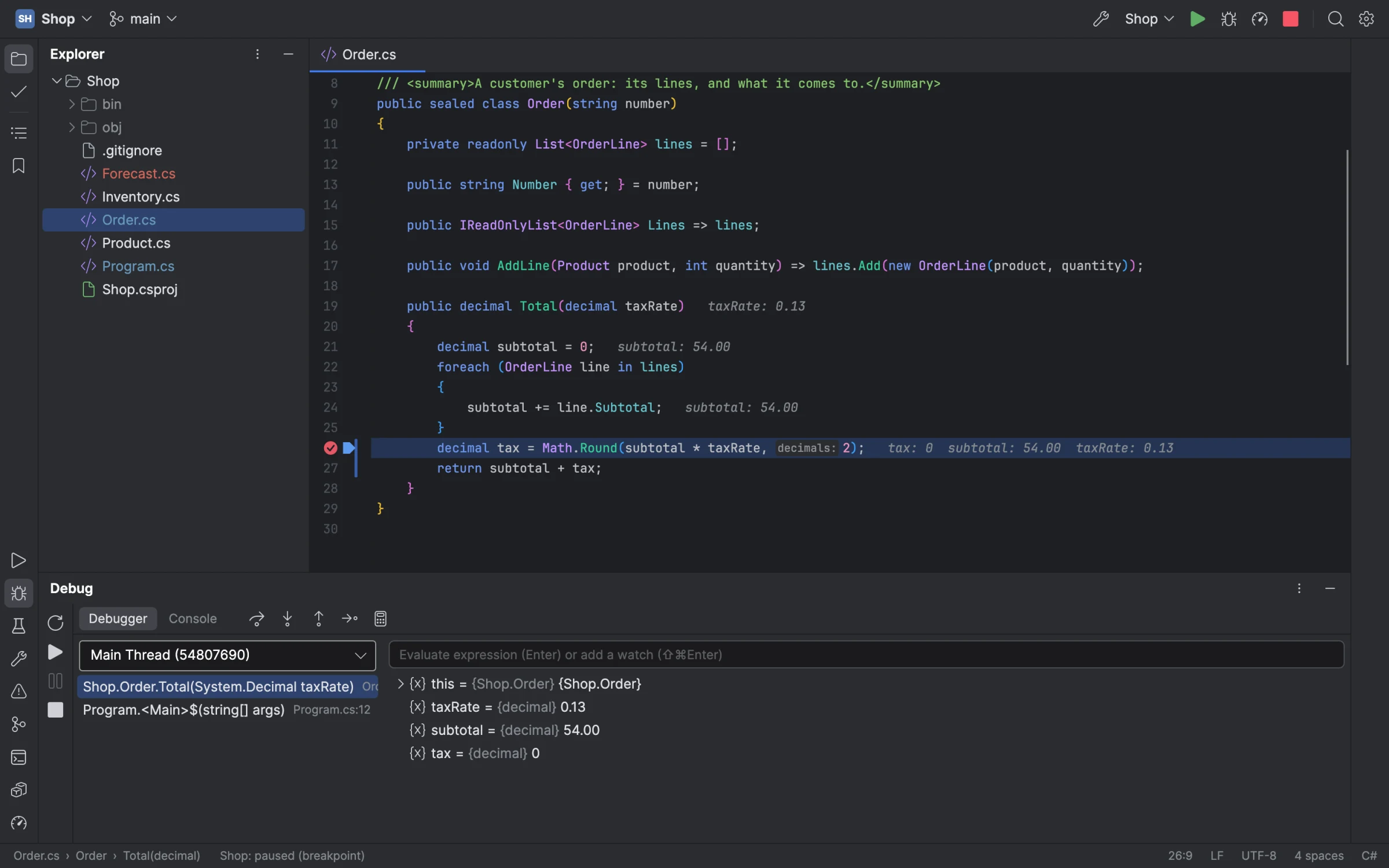Stopped at a breakpoint: the line's values after its code, and the Debug window's frames and variables
